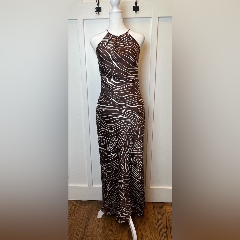 Here Come Sun Halter Lace Up Maxi Dress Small Brown Swirl Summer Resort Vacation - Picture 3 of 11
